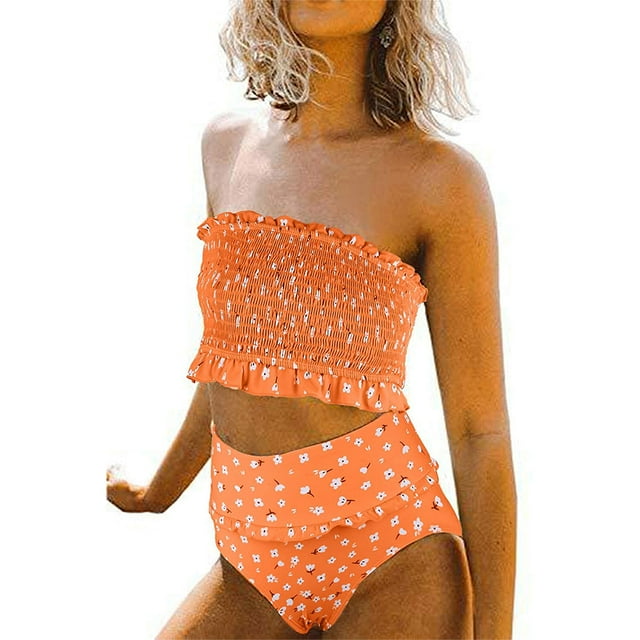 Womens 2 Pieces Bandeau Bikini Swimsuits Off Shoulder High Waist Bathing Suit