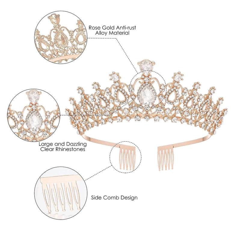 Kamirola Tiara & Jewelry Set For Women - Crystal Bridal Crown With Earrings & Necklace (Gold Pink, TR22)