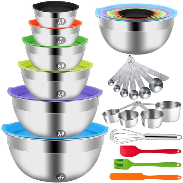 WEPSEN Juego de tazones para mezclar con tapa, 27 piezas, utensilios de cocina, tazón de metal, tazones anidados de acero inoxidable, tazas y cucharas medidoras, batidor de huevos para hornear, prepar