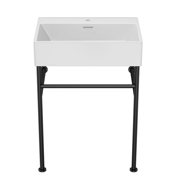24" Bathroom Console Sink with Overflow,Ceramic Console Sink White Basin Black Legs