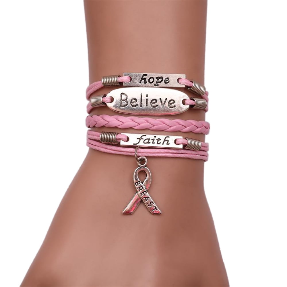 Multi-layer Leather Rope Handmade Pink Ribbon Breast Cancer Awareness Bracelet