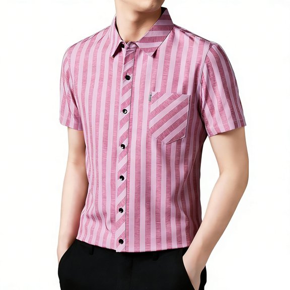 IWRICH Men's Striped Short Sleeve Dress Shirts Button down Classic Shirt Regular Fit Business Shirt for Summer Red XL