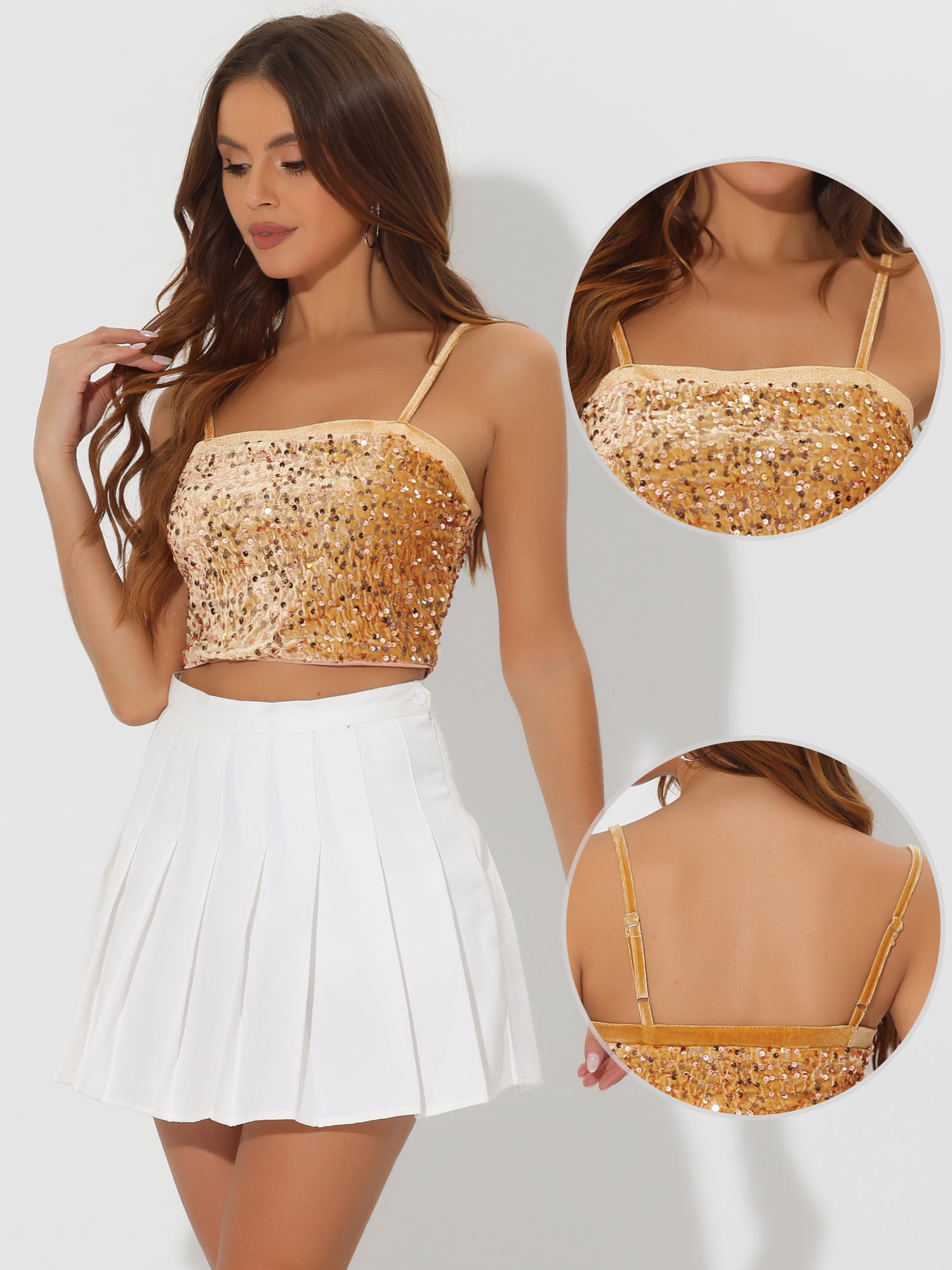 DARING DIVA Women's Velvet Spaghetti Strap Glitter Sequin Cami Top L Champagne Gold