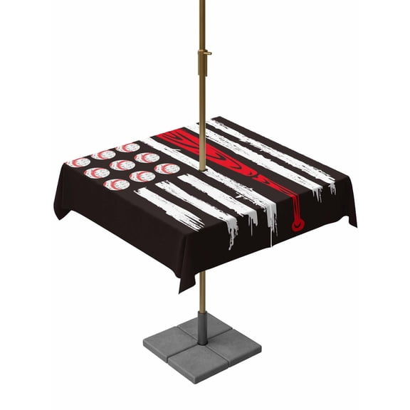Outdoor Tablecloth with Umbrella Hole, American Flag Baseball Zippered Table Cloth for Rectangle Tables, Patriot Black and White Red Washable Waterproof Tablecloths for Picnic Patio Garden