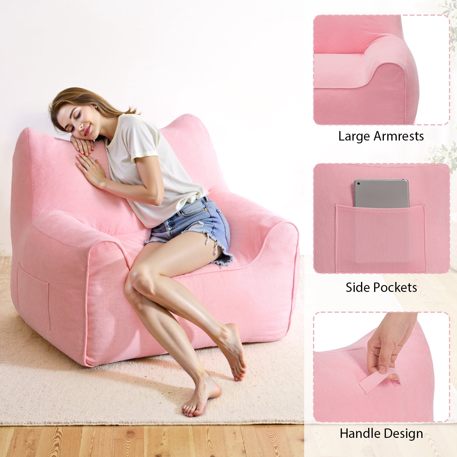 Lusimo Bean Bag Chair for Adults Teens, 3FT Lazy Memory Foam Bean Bag Sofa for Bedrooms, Cat-Ear Design Couch with Corduroy Washable Cover, Lounge Chairs with Pocket for Gaming, Reading, Pink