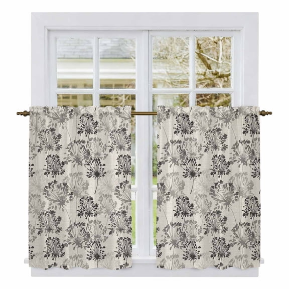 Vintage Floral Kitchen Curtain for Berdoom Living Room Cafe 54 Inch Length, Grey Spring Dandelion Plants Flower Botanical Tiers Curtains Light Filtering Drapes Window Treatment 2 Panels 52"Wx54"L