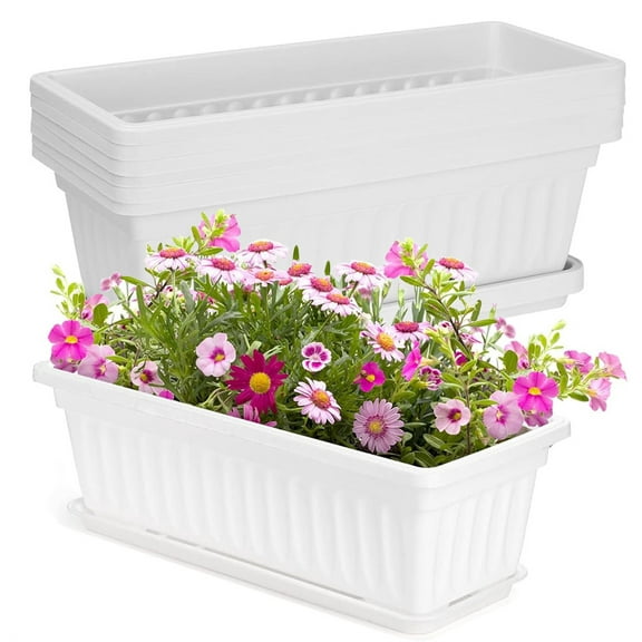Window Box Planter with Saucers,Bexikou 3 Pack Plastic Vegetable Flower Planters Boxes 17 inches Rectangular Flower Pots for Indoor Outdoor Garden, Patio, Home Decor (White)