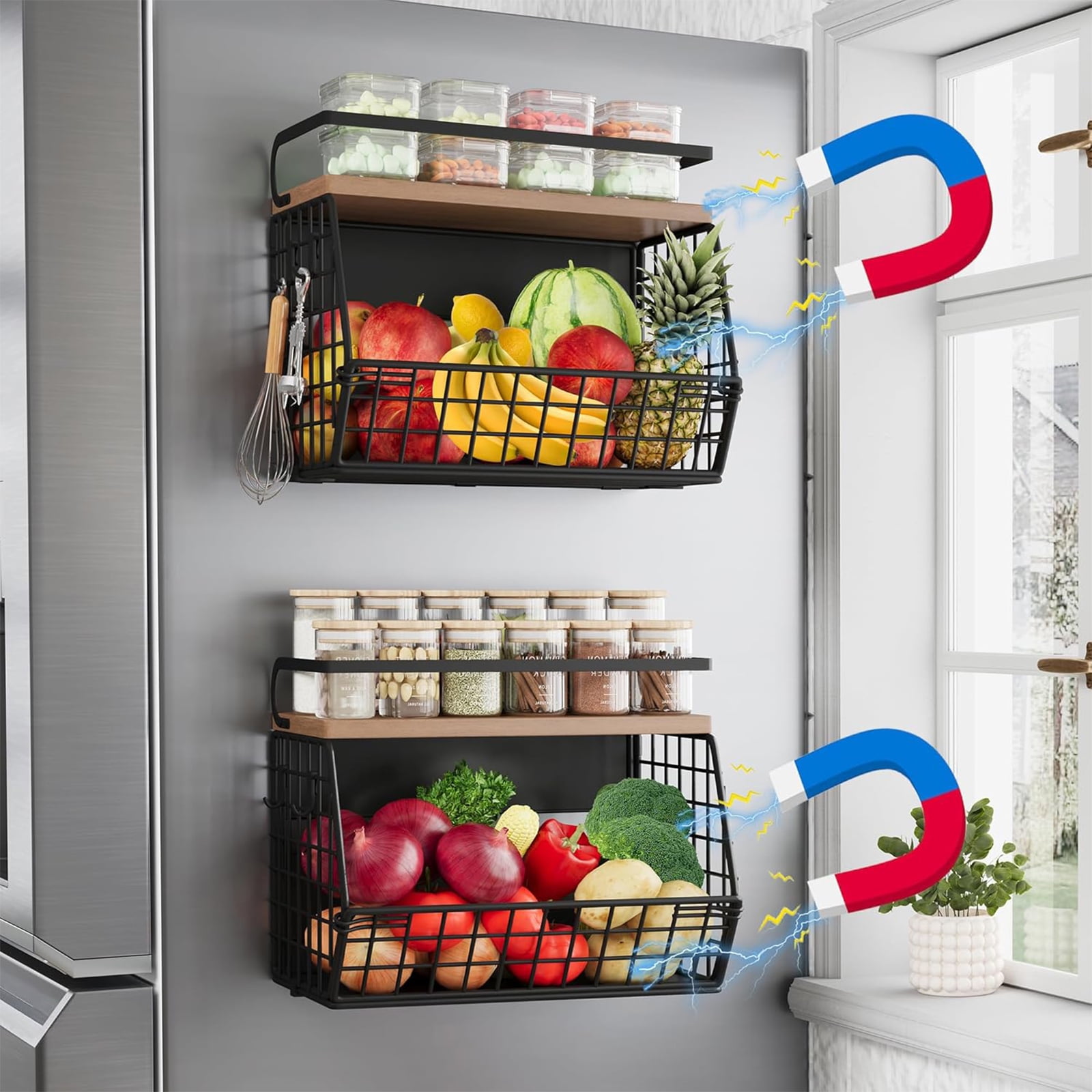 Auckpure Magnetic Shelf for Fridge with Wood Lid - 35 lbs Capacity, Large Storage Bins for Fruits, Vegetables, Spices | Rust-Proof Refrigerator Organizer, Space-Saving Kitchen & Pantry Storage