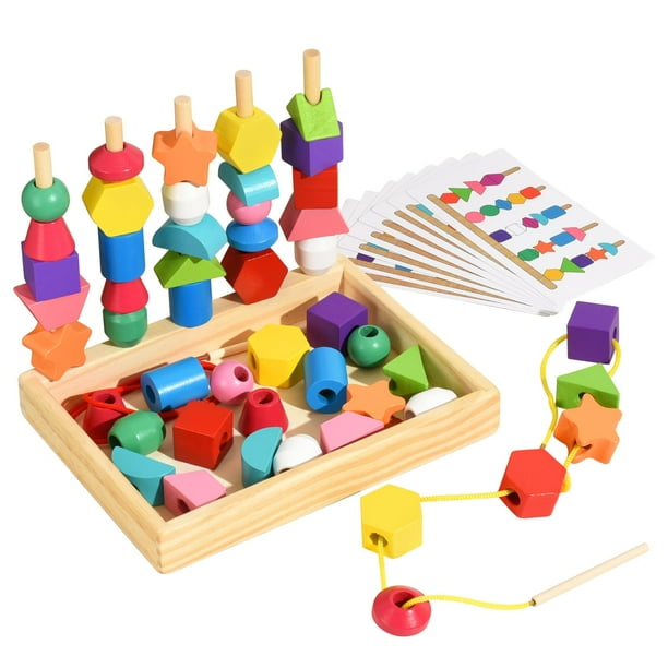 Juego de secuenciación de cuentas Montessori para niños, juguetes de cuentas de cordones de madera para niños pequeños, apilador de formas de colores a juego para 2, 3, 4, 5 años, juguetes educativos
