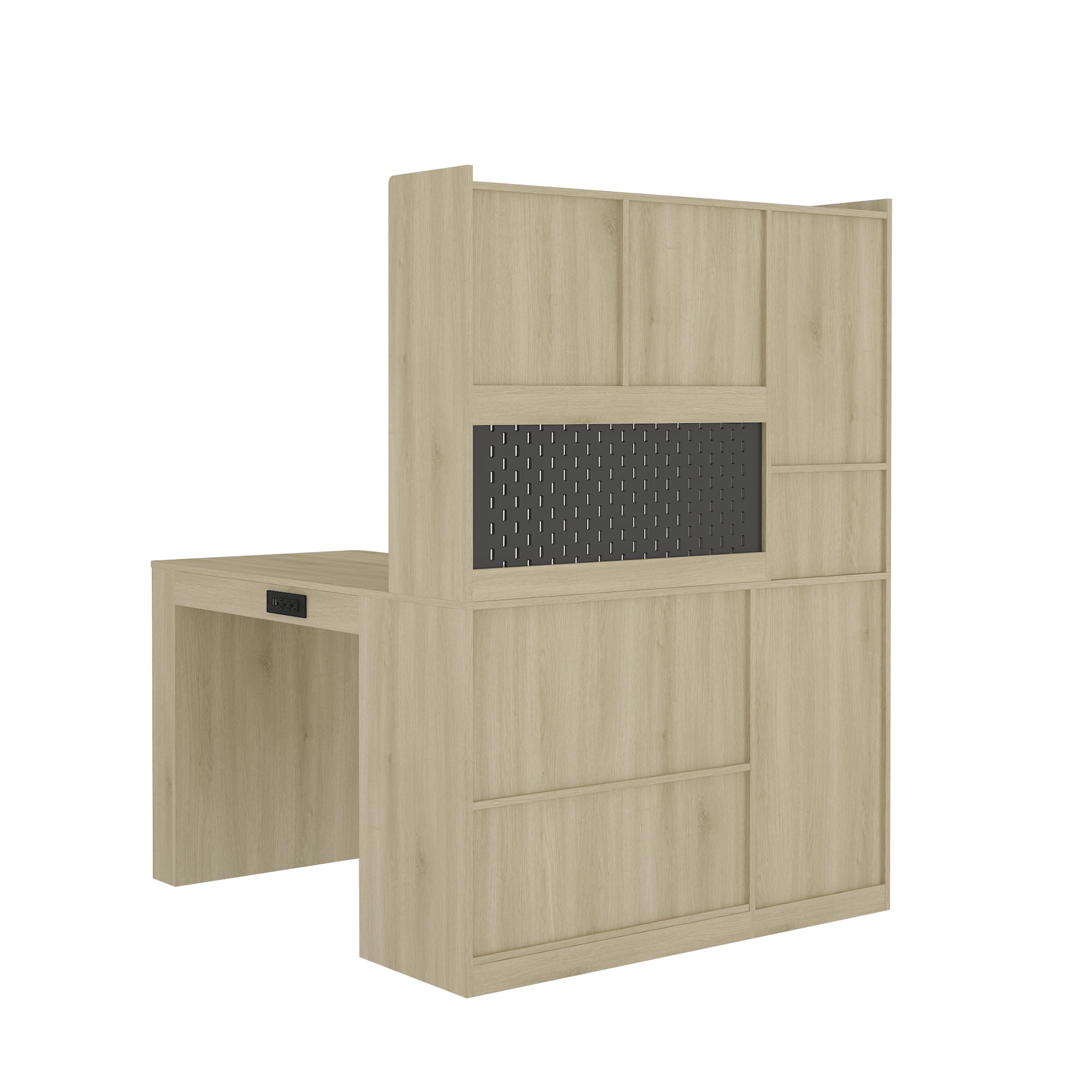 DRNANLIT L Shaped Desk with Charger, LED Light & Drawers, Modern Corner Computer Desk with Bookshelf Storage,Natural Wood