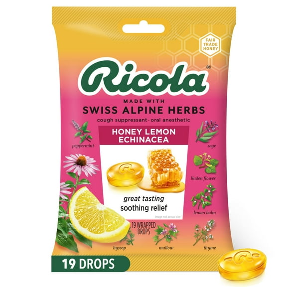 Ricola Honey Lemon with Echinacea Cough Drops for Sore Throat and Cough Relief, 19 Count