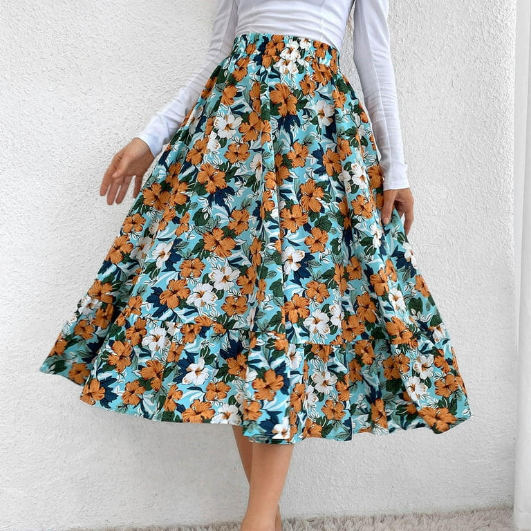 Women Spliced Floral Long Skirt Fashion Summer High Waist Slim Mid