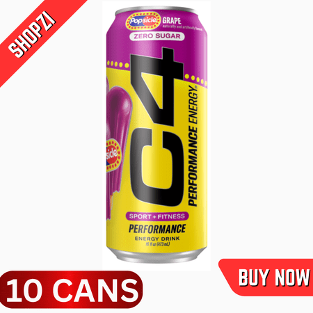 C4 Energy Performance Carbonated Drink, Grape Popsicle, 10 Pack (16 fl oz Cans), Sugar-Free Pre-Workout Energy Beverage