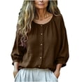 thumbnail image 2 of thefmos Women Fall 3/4 Sleeve Button Down Blouse Round Neck Casual Basic Tops Solid Boho Loose Pullover Trendy Vacation Clothes, Brown M, 2 of 7