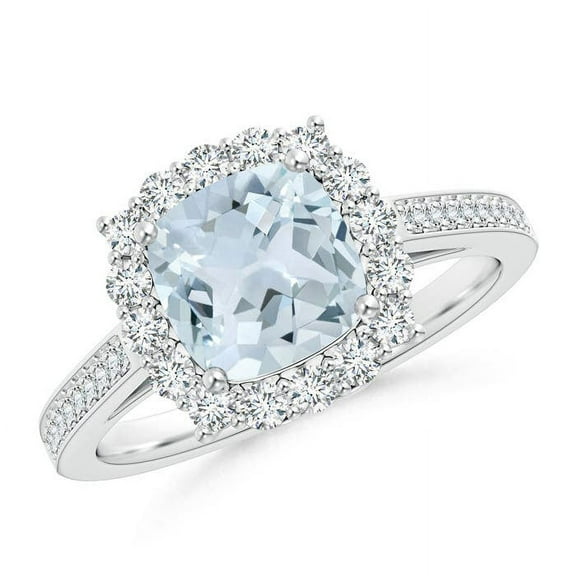 ANGARA Natural Cushion 1.4 ct Aquamarine Engagement Ring with Diamond Halo in 14K White Gold for Women (Size-7mm) | March Birthstone, Anniversary, Jewelry Gift for Women | Natural Aquamarine Ring