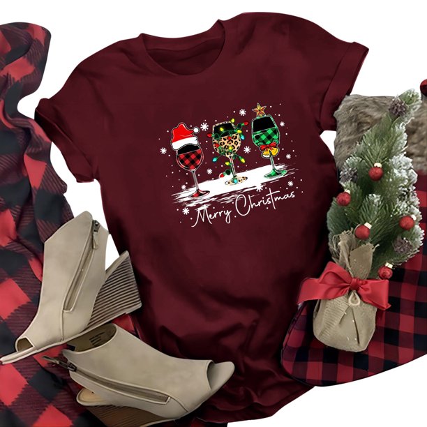 Gibobby Tops navideños para Mujer Camiseta de manga corta con cuello redondo y estampado de copa de de Navidad divertida informal para mujer(Vino,M)