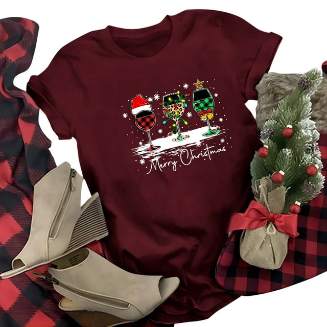 WEAIXIMIUNG T-Shirt Décontracté de Noël pour Femmes Imprimé Verre Rouge Col Rond Manches Courtes