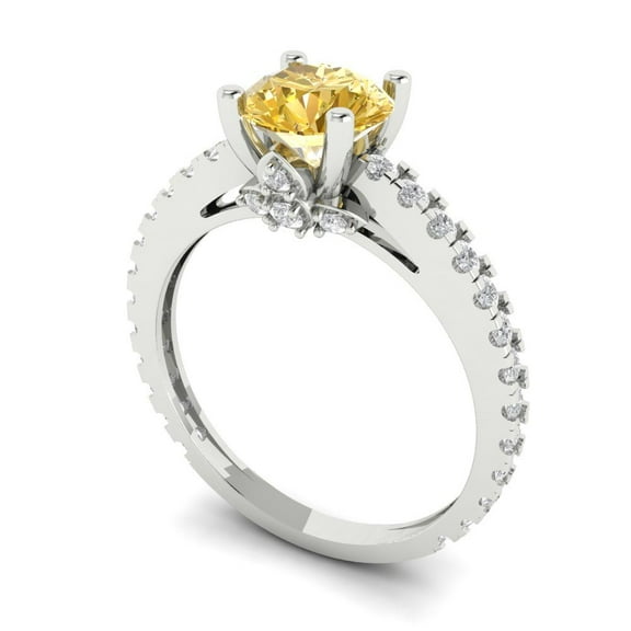 1.465 ct Round Cut Yellow Moissanite Solitaire with Accents Engagement Ring for Women in 18K White Gold