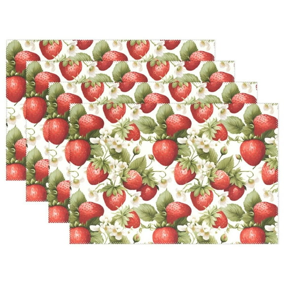 Strawberries with Floral 4 PCs Placemats Set Linen Non-Slip Table Mat Rectangular Washable for Dining Kitchen Party 12"x18"