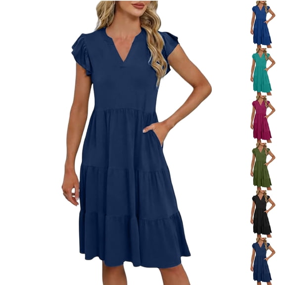 ClodeEU Women Summer Bohemian V Neck Cap Sleeveless Midi Dress,Flowy Tiered Dress with Pockets Navy,Womens Plus XL
