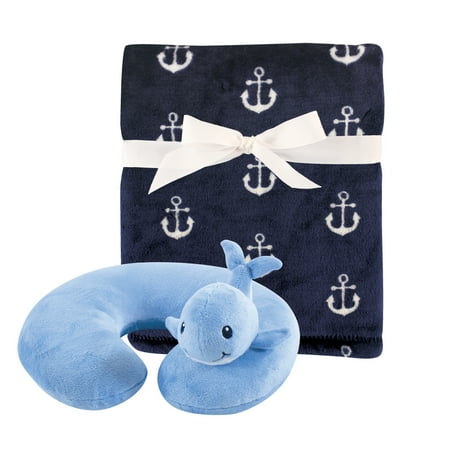 Hudson Baby Boy and Girl Travel Neck Support Pillow and Blanket Set, 2 Piece, Whale