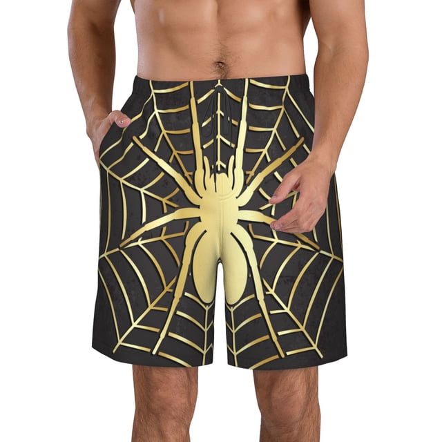 Fotbe Gold Spider On The Web Trajes de Baño Estampados para Hombre, Shorts de Verano de Secado Rápido, Ropa de Playa, Bañadores-Small