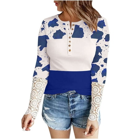 

Bospose O-Neck Shirt For Women Long Sleeve Shirt Women Corset Top Lace Top Blue T Shirt Lady Fashion Print T-Shirt Top Women T-Shirt Top Women Top/Shirt Xxl