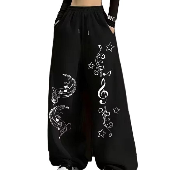 Women Soft Retro Y2K Melody Graphic Wide Leg Sweat Trousers Elastic Drawstring Relaxed Cut Street Casual Pants for Music Daily Leisure Looks