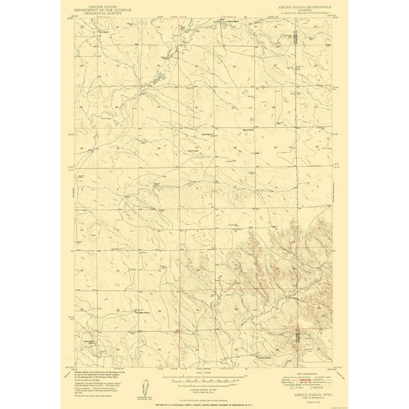 Topographical Map - Amend Ranch Wyoming Quad - USGS 1950 - 23 x 32.67 - Vintage Wall Art
