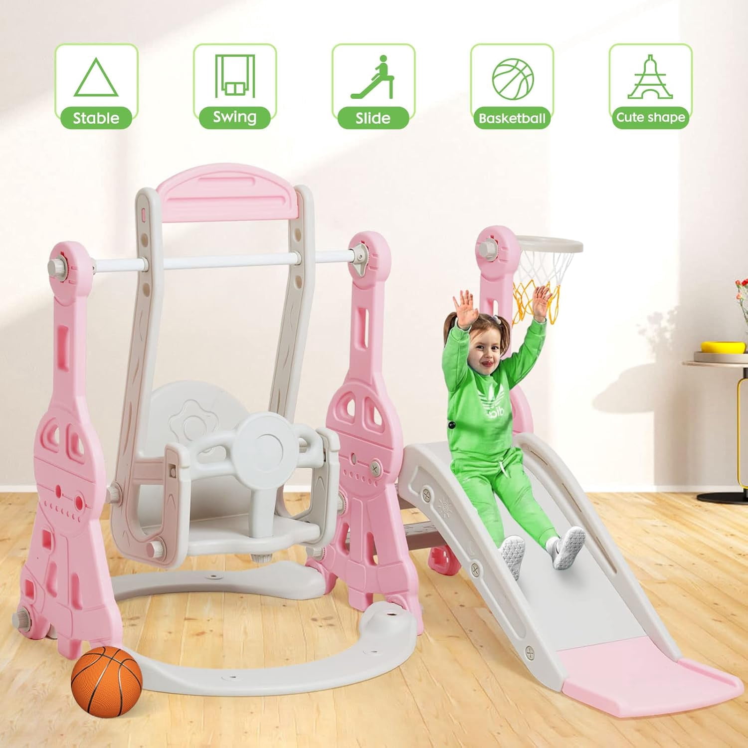 Ealing 4 in 1 Slide and Swing Set for Toddlers Age 1-2 ,with Bucket Style Seat and Basketball Hoop ,Baby Outdoor Indoor Playset Climber Toys,Pink
