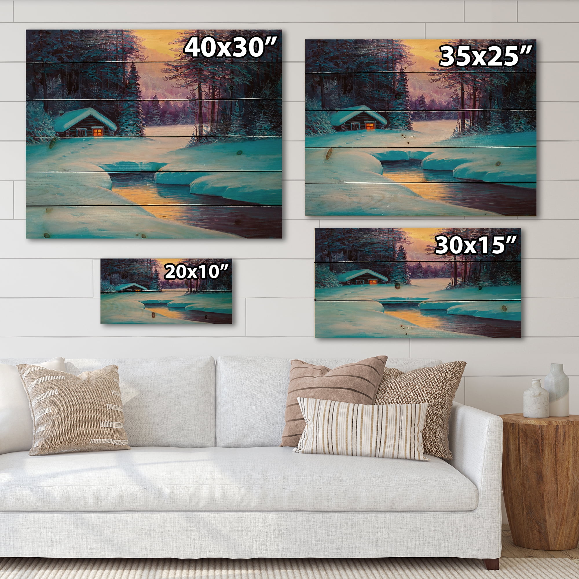 Designart 'Old Cabin In Winter Forest In Evening Glow II' Traditional Print on Natural Pine Wood