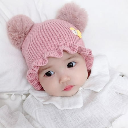 

Baby Winter Knitted Ruffles Beanie Hats with Plush Balls
