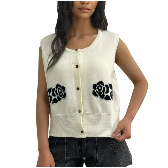 Cardigan Vest for Women Floral Button Down Crew Neck Sleeveless Sweater Wool Comfort Daily Fall Winter Trendy Tops, White, L