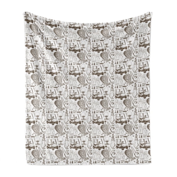 Golf Soft Flannel Fleece Throw Blanket, Old Fashioned Basket with Balls Shoes Golf Cart Gloves Bag Sports Equipment Design, Cozy Plush for Indoor and Outdoor Use, 60" x 80", Cocoa White, by Ambesonne
