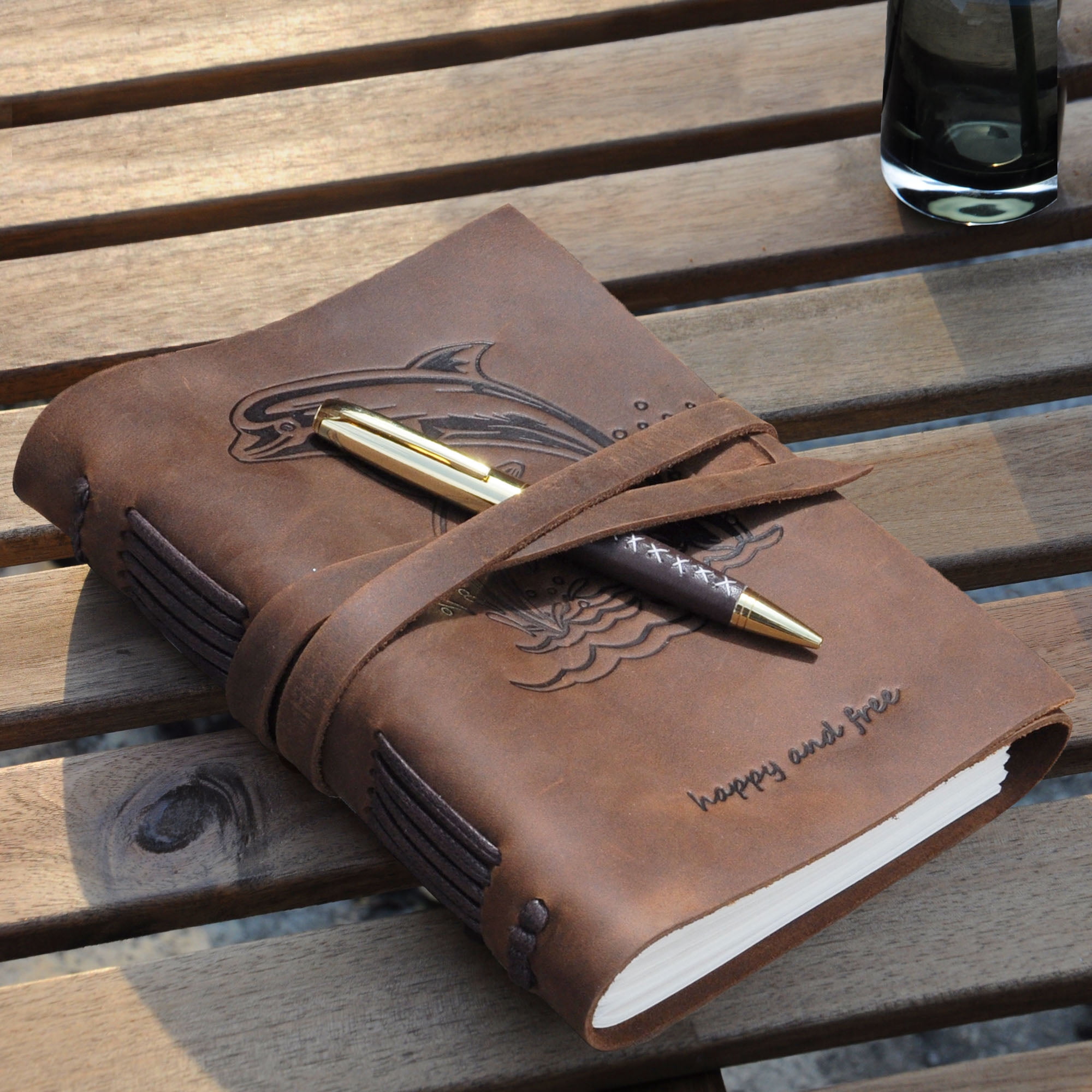 Leather Bound Journal for Men and Women, Handmade Gift Set with Dolphin Embossed Journal and Stylish Pen, Vintage and Classic, Notebook, Sketchbook, Planner and Diary (300 Pages) (8x6")