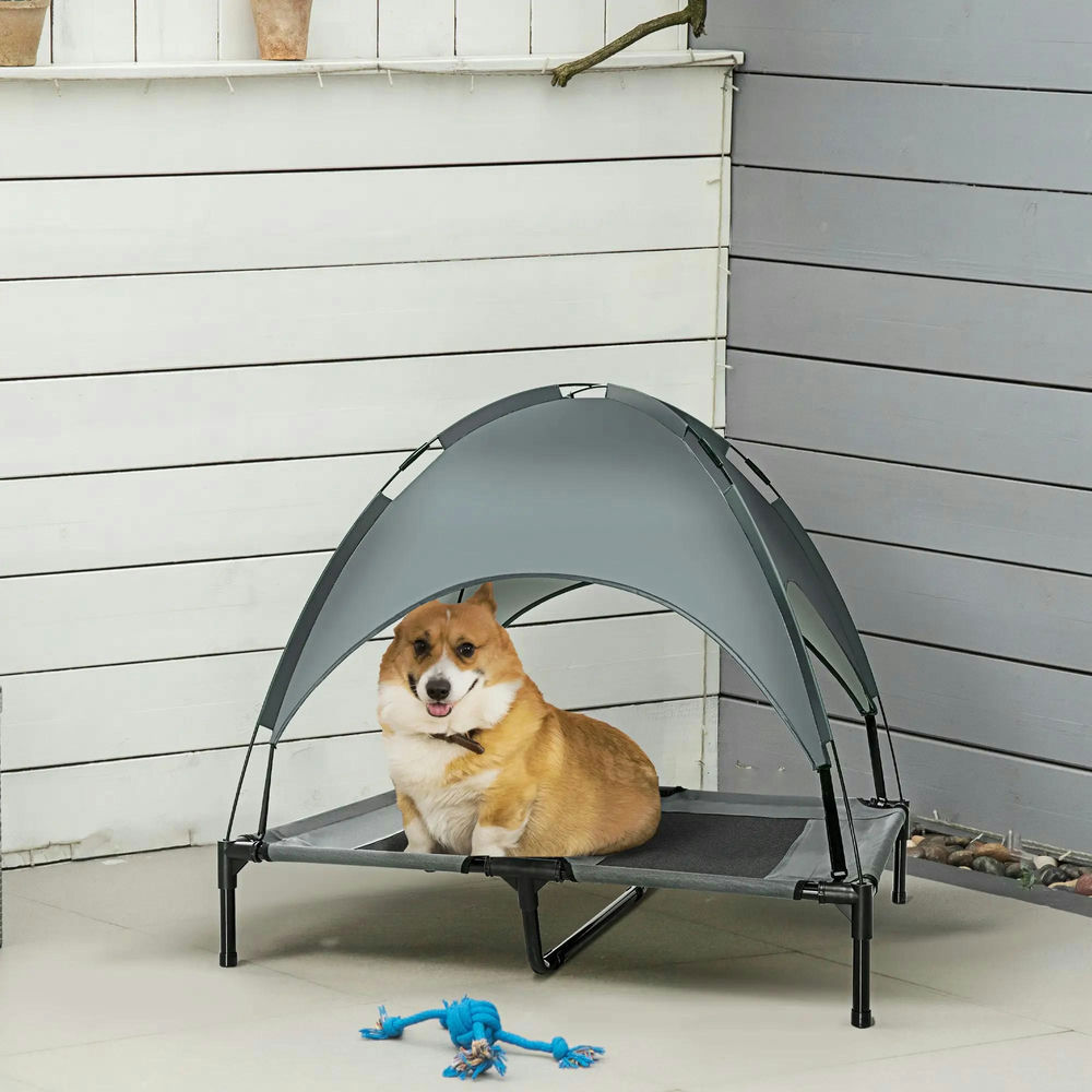 GVN Elevated Dog Bed with Removable Canopy, Outdoor Dog Cot with UV Protection Canopy Shade, Gray