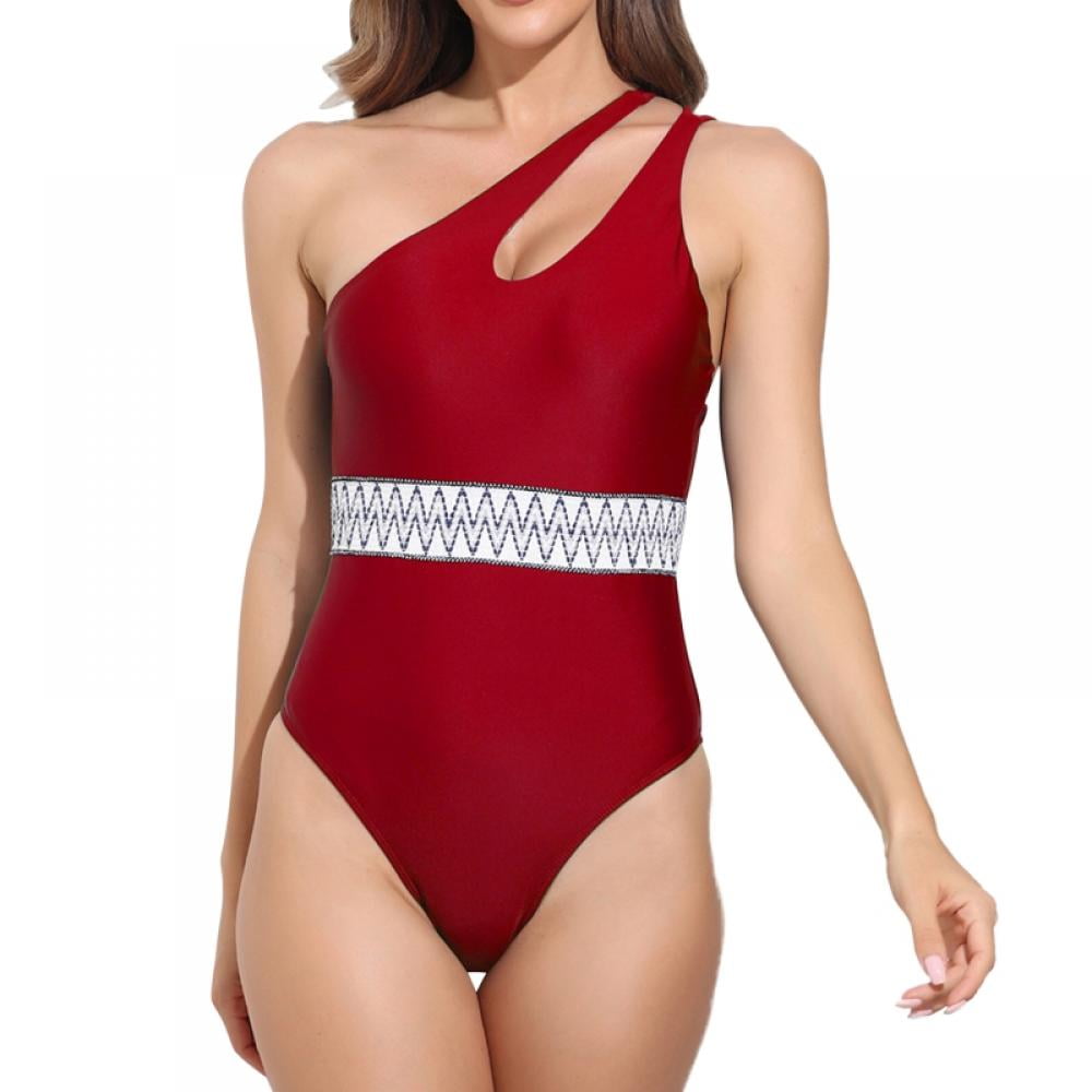 one shoulder red bathing suit