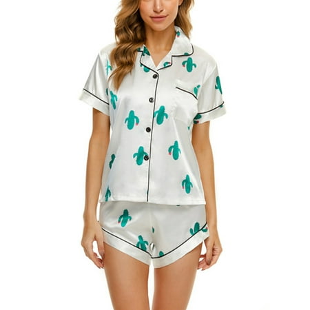 

Women Pajama 2pc Set Satin Sleepwear Summer Nightwear Pants Casual Homewear Sets