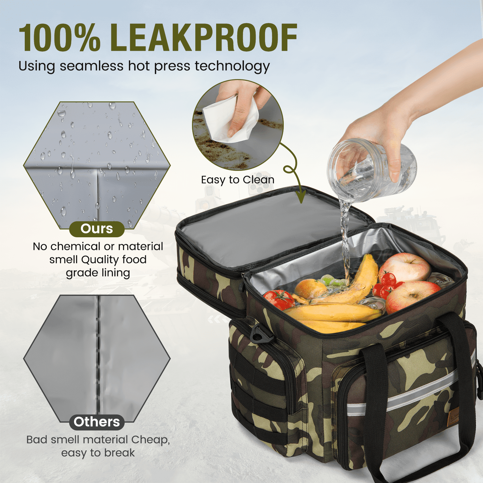 Lunch Bag for Men, 24L Expandable Insulated Lunch Box with Side Pockets, Double Deck Leakproof Cooler Tote Bag with Adjustable Shoulder Strap, 24 Can, Suit for Office/Picnic/Camping/Beach, Camo Green