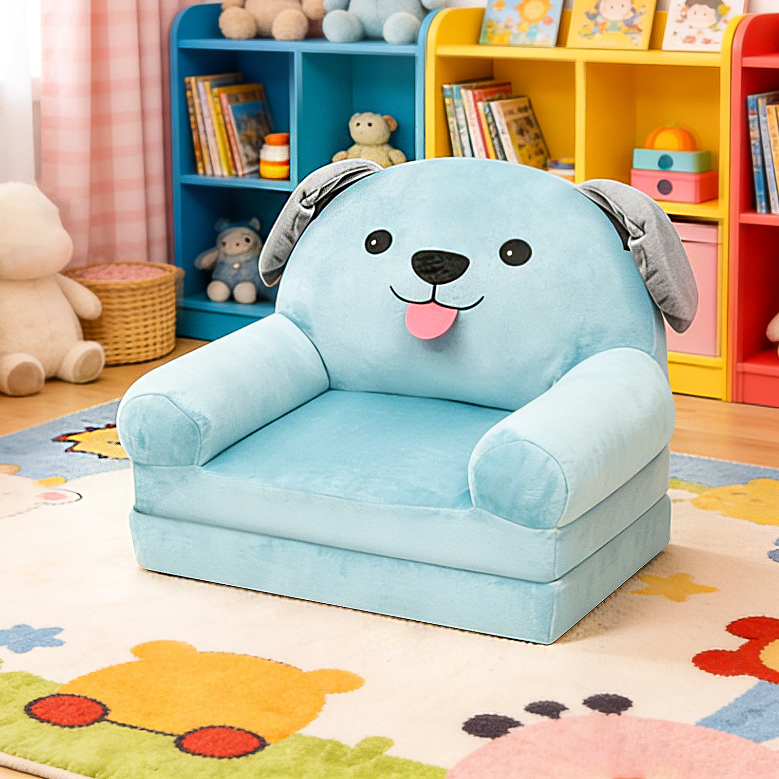 Dznils Toddler Sofa Chair, 2-in-1 Soft Foam Flip Open Kids Couch Lounger Comfy, Ages 1+, Blue Dog