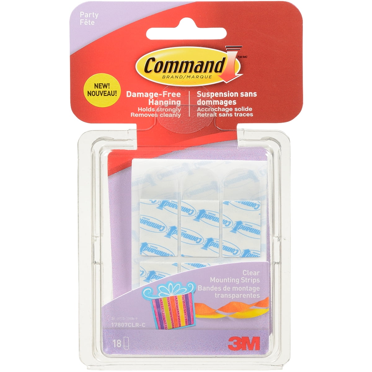 Command Party Mounting Strips, Clear, Small, 18 Strips Per Pack