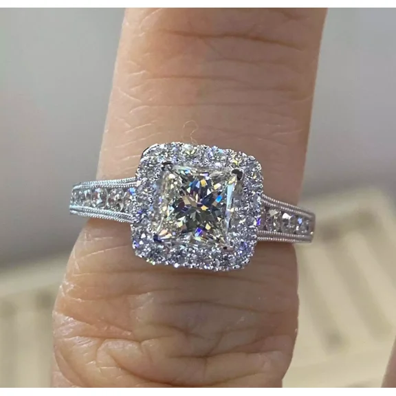 2Ct Princess Cut Lab Created Diamond Halo Engagement Ring 14K White Gold Plated