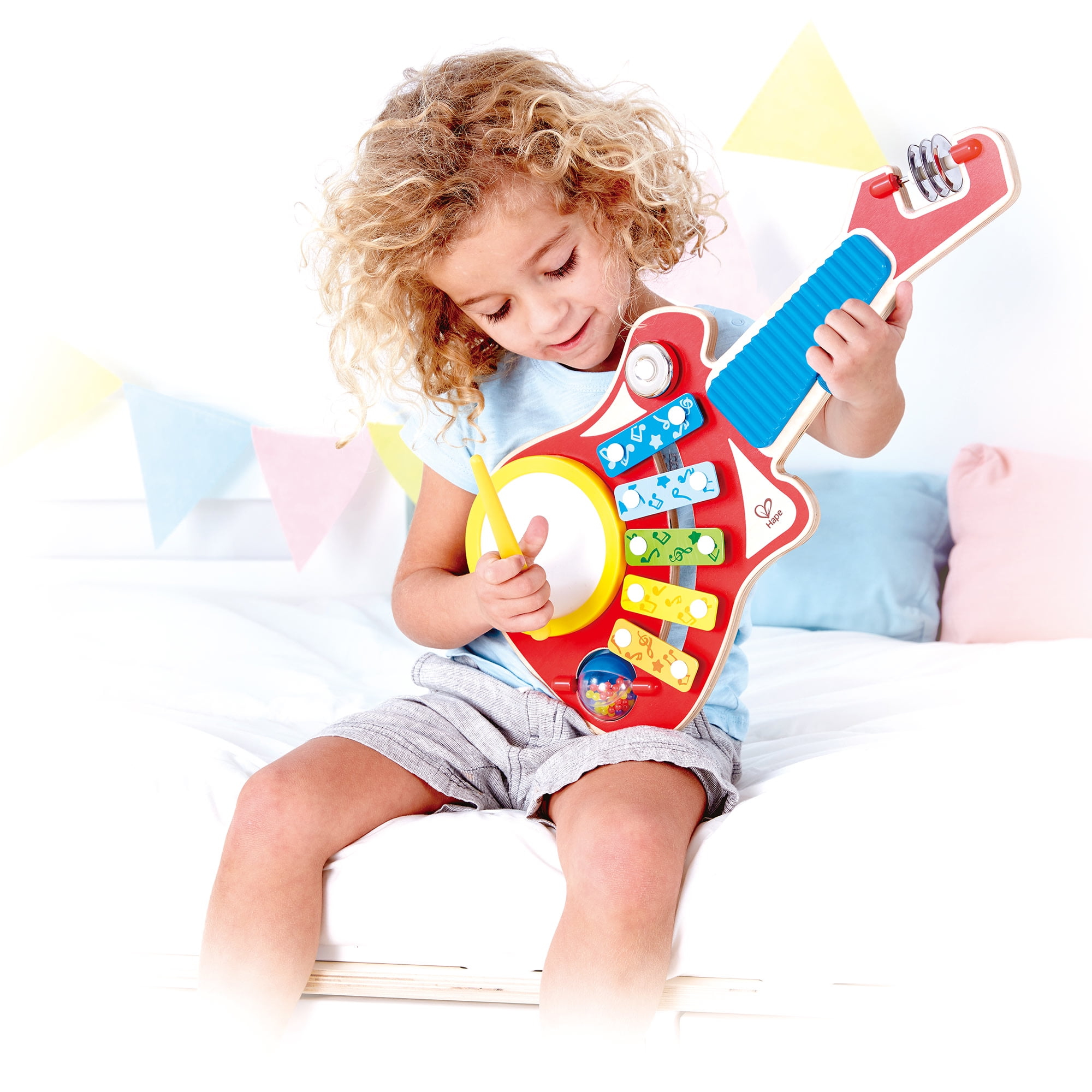 Hape: 6-In-1 Music Maker - Rainbow Colors, Wooden Guitar Shaped Musical Toy, 6 Instrument To Play, 19.2 x 18.9 x 8.7", Toddler & Kids Ages 18mo+