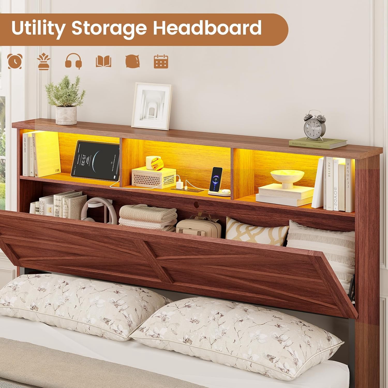Full Size Bed Frame with 6 Drawers, Farmhouse Bed Frame with Barn Door Headboard and Storage, Wood Platform Bed Frame Full Size with Charging Station and LED Lights, No Box Spring Needed, Brown