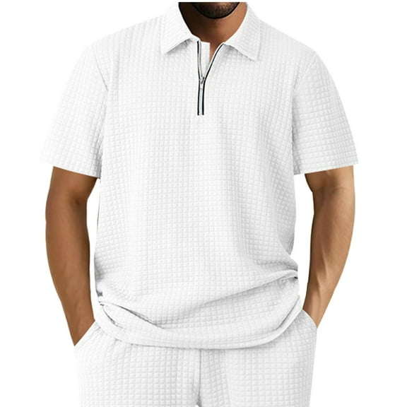 Dagugfen Tshirts for Men Short Sleeve Zipper Lapel V Neck Loose Solid Color Travel Casual Tops Fashion