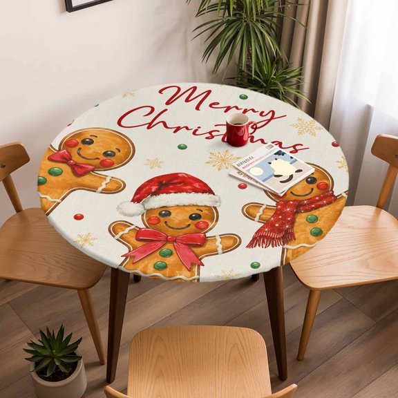 Round Fitted Tablecloth with Elastic Edge, Cute Gingerbread Man Fitted Table Cloth for Round Tables 45-54in, Merry Christmas Text on Linen Waterproof Tablecloth for Outdoor Picnic Party