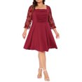 thumbnail image 2 of Vestido midi A-line de mujer plus size con cuello cuadrado, mangas de malla 3/4, plisado y fluido en color rojo rosa 4X, 2 of 6