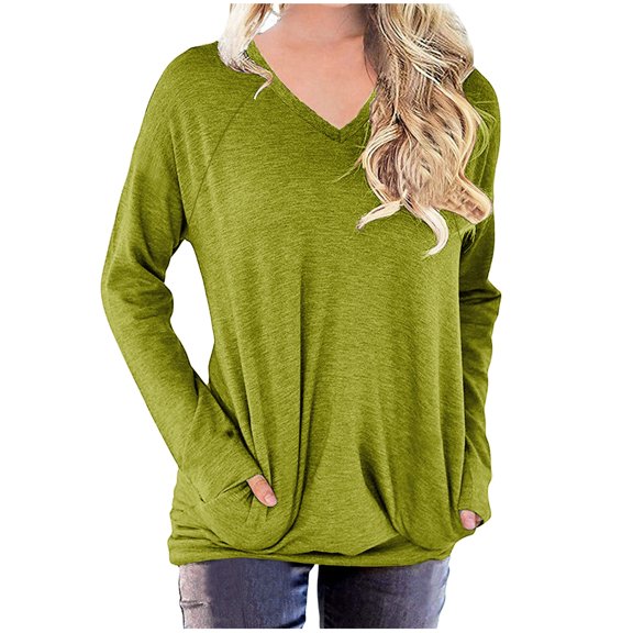 QUYUON Teen Sweatshirts Deals Women's Crewneck Sweatshirts Polyester Long Sleeve V-Neck Solid Pullover Tops Style S-735 Stretch Plain Sweatshirts Ladies Modern Fit Shirts Green M