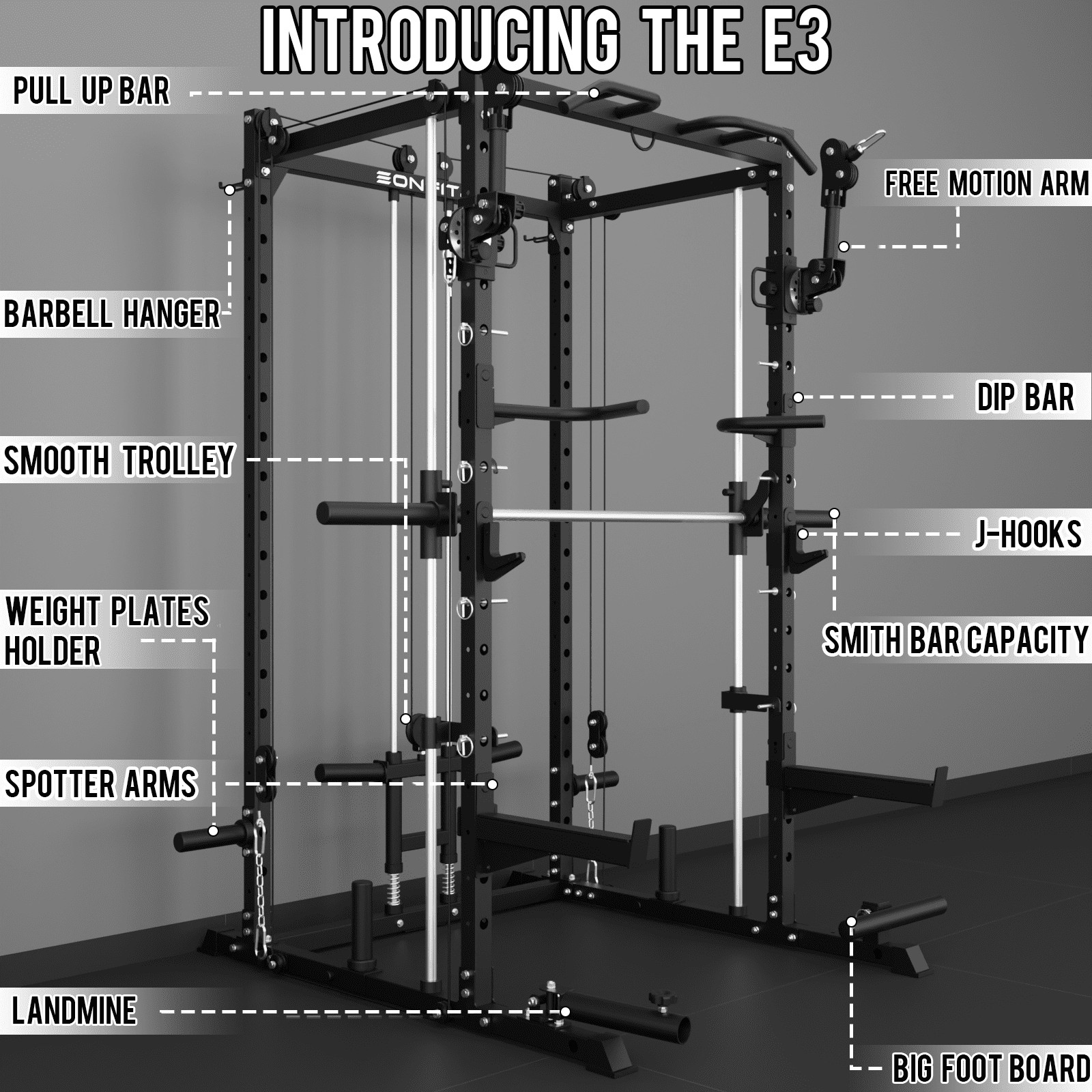 Eonfit E3 Smith Machine with 3D Rotating Arm for Home Gym Equipment, Multi-Function Power Cage Squat Rack with Cable Crossover LAT Pulldown Pulley System All in One (E3 BLK PRO)