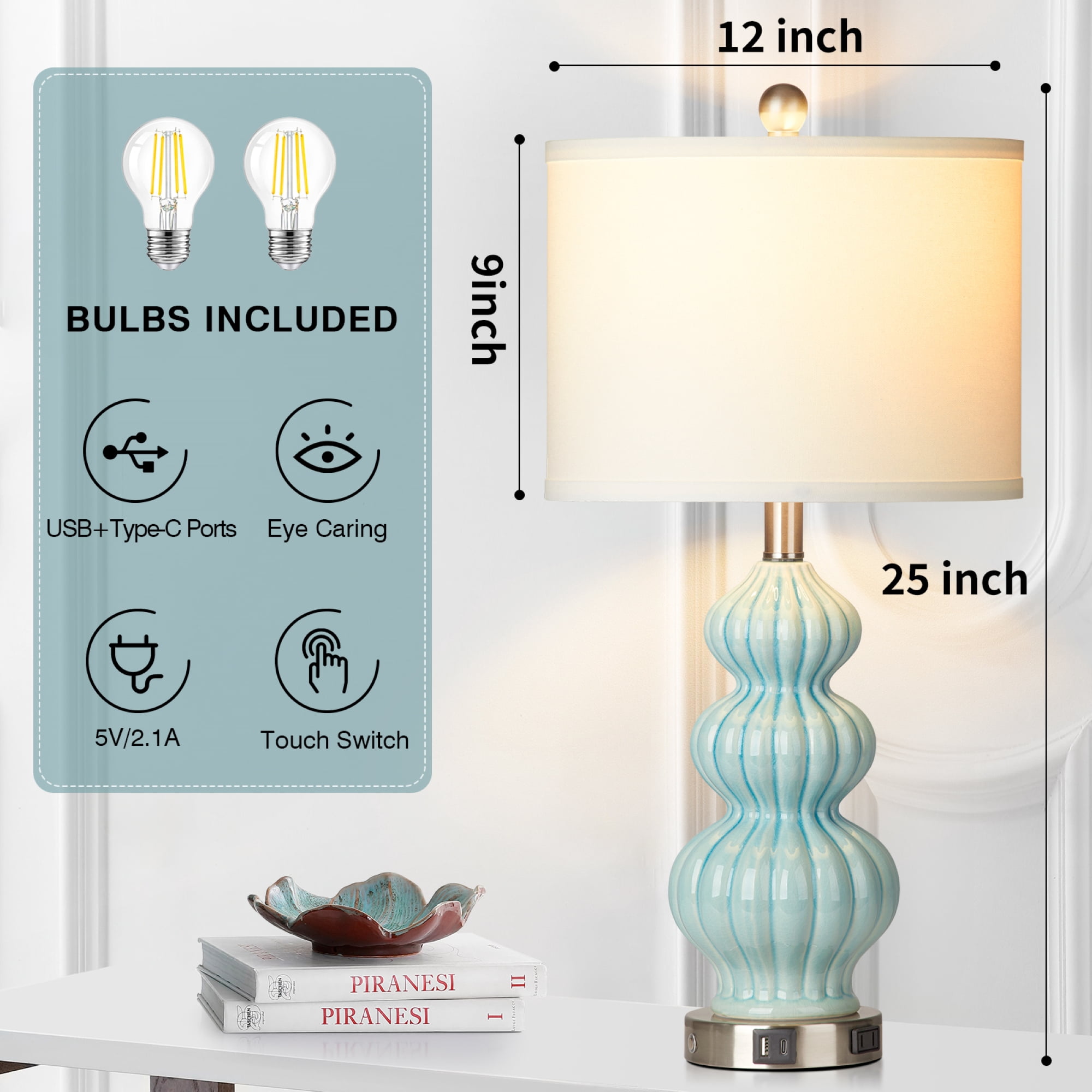 Cinkeda Triple Gourd Ceramic Table Lamp Set of 2 with USB A+C Ports AC Outlet for Bedroom Living Room Modern Blue 3 Way Dimmable Touch Control Bedside Nightstand Lamps
